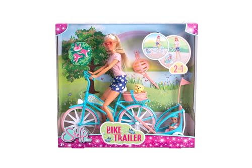 Simba 105733709 Steffi Love Bike Trailer, Spielpuppe auf ihrem Fahrrad mit Anhänger fürs Baby, Hund und Helmen, ab 3 Jahren von Simba