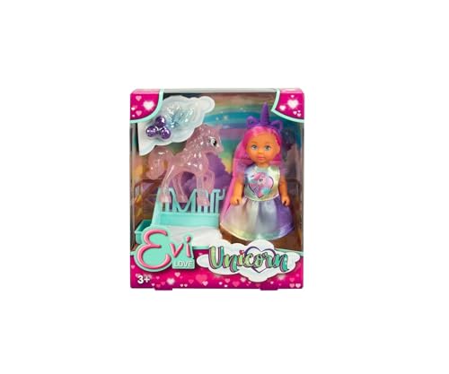 Evi Love Unicorn, Spielpuppe trägt EIN süßes Einhornkleid mit passendem Haarreif, inkl. Einhorn mit Stall, Äpfeln und Trinkflasche, 12cm, ab 3 Jahren von Smoby