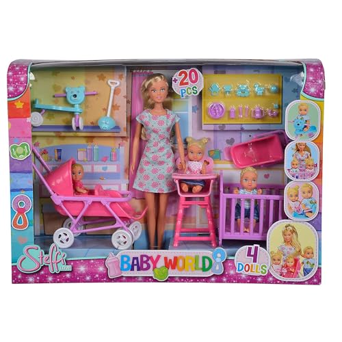 Simba 105736350 - Steffi Love Baby World Puppe, mit 3 Babys, Bett, Kinderwagen, Hochstuhl, Babyschale und viel Zubehör, 29cm, ab 3 Jahre, Hell Simba 105736350 - Steffi Love Baby World Puppe, mit 3 Babys, Bett, Kinderwagen, Hochstuhl, Babyschale und viel Zubehör, 29cm, ab 3 Jahre, Hell von Simba