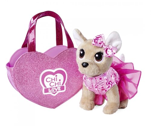 Chi Chi Love is in the Air, Chihuahua Plüschhund mit süßen herzlichen Kleid und Schleife, in Glitzerherztasche, 20cm, ab 3 Jahre, Weiß von Simba