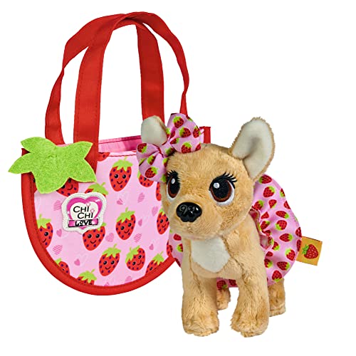 ChiChi Love Little Berry, Chihuahua Plüschhund mit Erdbeermuster Schleife und Röckchen, in entzückender Tasche, 15cm, ab 3 Jahren von Simba