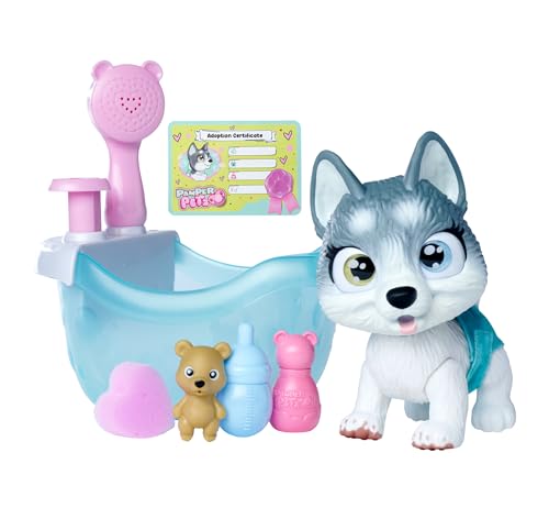 Simba 105953560 - Pamper Petz Husky mit Badewanne, mit Pumpfunktion, Trinkflasche, Schaumflasche, Wasserspritze, 25cm Spielzeug Hund, ab 3 Jahren, Multi-colou von Simba