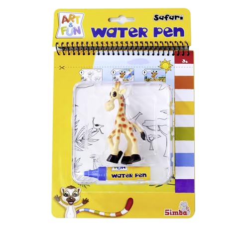 Simba 106334635 Art & Fun Wasser-Malbuch Safari inkl. Giraffen-Figur - Malen mit dem Water Pen Wasserstift & 4 Tier-Motiven - Wasserzauber-Spielzeug für Kinder ab 3 Jahre, Weiß von Simba