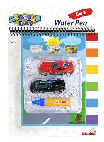 Simba 106334713 Art und Fun XL Water Pen Cars Malbuch, 2X Fahrzeuge je 7cm, Wasserpinsel, 4 magische Seiten 19x22cm, ab 3 Jahren von Simba