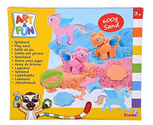 Art and Fun Spielsand Set Einhorn, 3x 200g Sand, Plattform, Einhorn 3D Form, 4x Flügel, 4x Auge, 1x Sticker, Roller, 2x Ausstechform, ab 3 Jahre von Simba