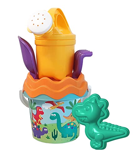 Dino Baby Eimergarnitur, Sandspielzeug, 6 Teile, Eimer, Sieb, Sandform, Schaufel, Rechen, Gießer, 11cm, D:14cm, ab 10 Monate von Simba