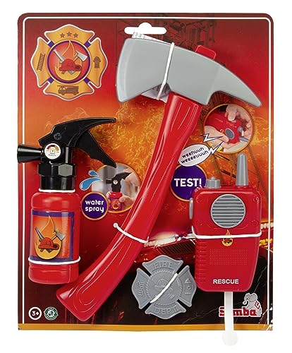 Feuerwehr Basic Set, Feuerlöscher mit Sprühfunktion, Axt, Funkgerät mit Sound, Marke, Rollenspielzeug, ab 3 Jahren von Simba