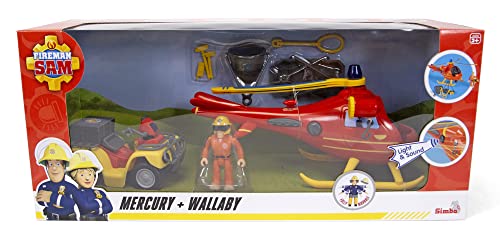 Simba 109251014038 - Feuerwehrmann Sam Mercury und Wallaby mit Abbildung - 2er-Pack Feuerwehrmann Sam Fahrzeug mit Quad Mercury und Hubschrauber Wallaby und Tom Thomas Figur, Ab 3 Jahren von Simba