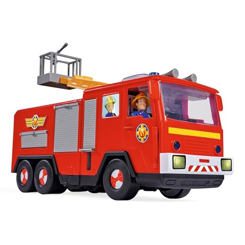 Simba 109252516 - Feuerwehrmann Sam Jupiter aus Serie 13, mit Figur und Dalmatiner Radar, Schnuffi, 2 verschiedene Sounds, Blaulicht, drehbare Leiter zum Ausklappen, 31cm Feuerwehrauto, ab 3 Jahren von Simba