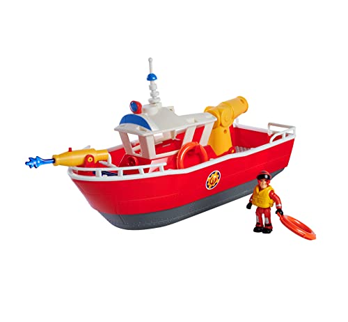 Simba 109252580 - Feuerwehrmann Sam Feuerwehrboot Titan, 32cm, schwimmendes Spielzeug-Schiff, ab 3 Jahre, bespielbar an Land und im Wasser, Badewannenspielzeug mit Wasserkanonen und Figur von Simba