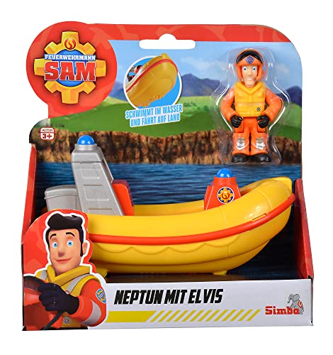 Feuerwehrmann Sam Neptun mit Elvis Figur, fährt an Land und schwimmt im Wasser, Boot 17cm, Figur 7cm, ab 3 Jahren, Gelb von Simba