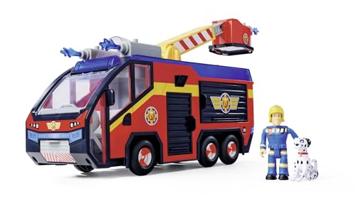 Simba 109252595 Feuerwehrmann Jupiter, Feuerwehrauto, Sam und Radar Figur, Leuchteffekte, Sirene, Drehleiter, Wasserpfeile, Plattform für Quad, 32cm, Zubehör, ab 3 Jahren von Simba