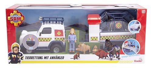 Feuerwehrmann Sam Tierrettung mit Anhänger, Anhänger aufklappbar zur Station, Fahrzeug mit Licht, mit Figur, Tiere, Zubehör, L:34cm, ab 3 Jahren, Black von Simba