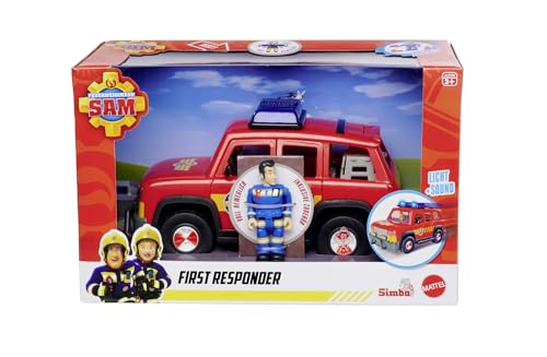 Simba 109252658 Feuerewehrmann Sam First Responder Fahrzeug, mit Licht, Sound, Kofferraum um Türen zum Öffnen, mit Figur und Zubehör, 19cm, ab 3 Jahren von Simba