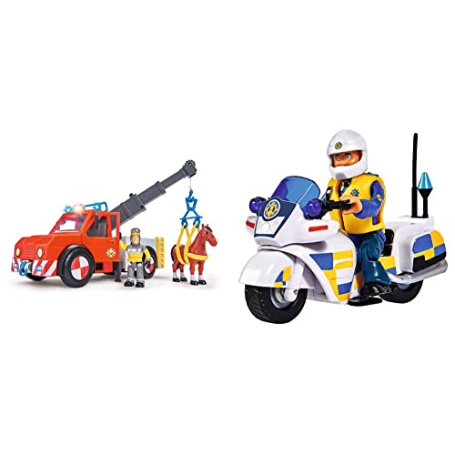 Simba 109258280 - Feuerwehrmann Sam Phoenix / 23cm / Mit Sam Figur und Pferd & 109251092 - Feuerwehrmann Sam Polizei Motorrad, mit Malcolm Figur, mit Zubehör, Staffel 12, ab 3 Jahren von Simba