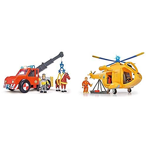 Simba 109258280 - Feuerwehrmann Sam Phoenix Rettungsfahrzeug mit Figur und Pferd & 109251002 - Feuerwehrmann Sam Hubschrauber Wallaby II mit Tom Thomas Figur von Simba