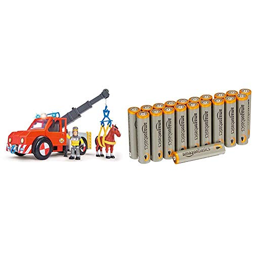 Simba 109258280 - Feuerwehrmann Sam Phoenix Rettungsfahrzeug mit Figur und Pferd & Amazon Basics Performance Batterien Alkali, AAA, 20 Stück (Design kann von Darstellung abweichen) von Speelgoed