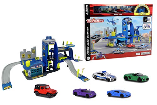 Majorette Creatix Polizeistation Spielset, 3 Etagen, Aufzug, Rampen, Rutschen, Landeplatz, Elemente leuchten im Dunkeln, inkl. 5 Spielzeugautos, erweiterbar, LxBxH 103 x 33 x 43,5 cm, ab 5 Jahren von Majorette