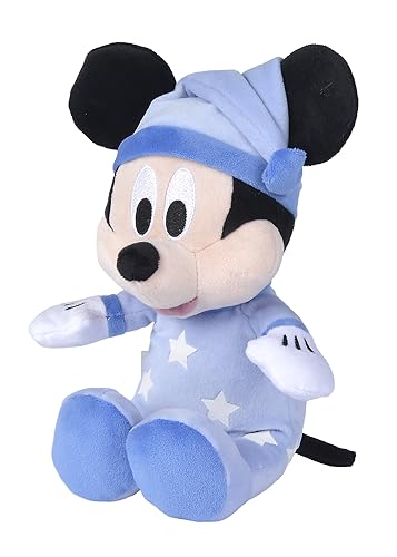 Simba 6315870349 - Disney Gute Nacht Mickey Maus, 25cm Glow in The Dark Plüsch, Micky Mouse, Babyspielzeug, Kuscheltier, Trösterchen, ab den ersten Lebensmonaten geeignet, Blau von Simba