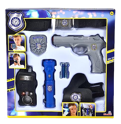 Simba 108102667 - Polizei Streife, Gürtel Set, Pistole, Holster, Funkgerät, Polizeimarke, Taschenlampe, Rollenspiel, ab 3 Jahren, Schwarz von Simba