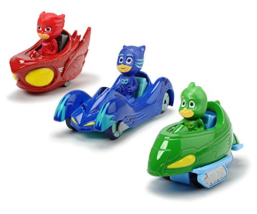 Dickie Toys PJ Masks 3-Pack Set Cars, Auto, Geschenkset bestehend aus: Cat-Car, Owl-Glider und Gekko-Mobil, 7 cm, ab 3 Jahren, Grün / Blau / Rot von Jada Toys