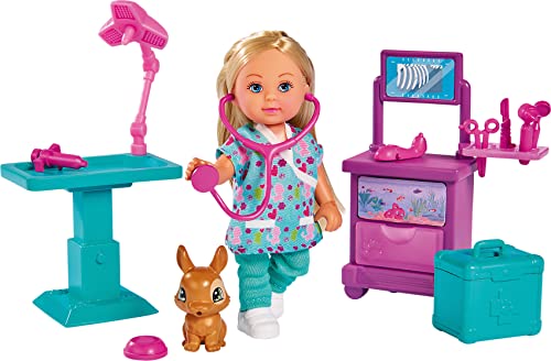 Simba 105733486 - Evi Love Doktor Klinik, Spielpuppee als Tierärztin, OP-Tisch, Medizinschrank, Hase und Zubehör, Ankleidepuppe, 12cm, für Kinder ab 3 Jahren von Simba