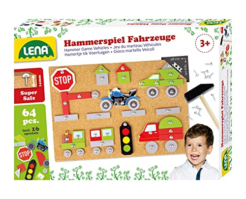 Lena 65826 - Hammerspiel Fahrzeuge, Nagelspiel mit 64 farbigen Teilen in verschiedenen Formen, Grundplatte aus Kork, ca. 28 x 19,5 x 1,4 cm, Hammer und Nägel, Hämmerchenspiel für Kinder ab 3 Jahre von Lena