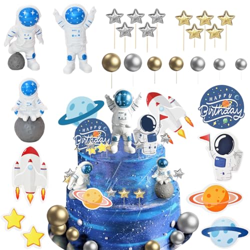 31 Stück Astronautenkuchen Dekoration, Figur Astronauten Tortendeko, Party Supplies With Astronaut Figurines Planet Rocket Sterne und Perle Kugeln DIY Kuchen Toppers für Raum Thema von Simmpu