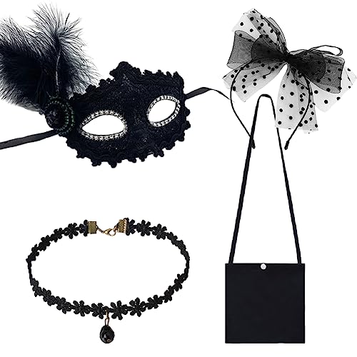 Wednesdays Cosplay Requisiten Addams Cosplay Zubehör mit Haarband Halskette Maske und Tasche Party Outfits Addams Halloween Karneval Dress Up Schule Tanz Verkleidung Cosplay für Mädchen von Simmpu