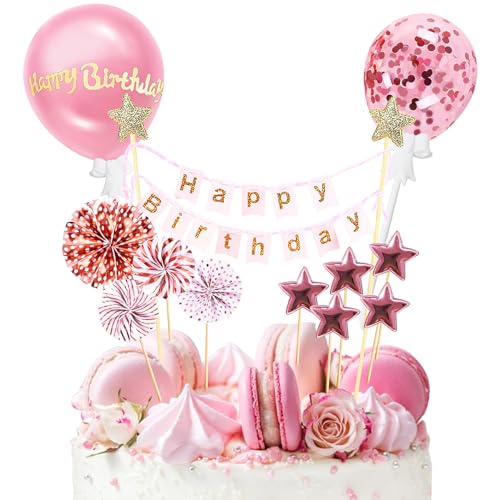 12 Stück Tortendeko Rosegold, Happy Birthday Kuchendeko, Glitter Cake Topper, Sterne Cupcake Tortenstecker, Papierfächer Sterne und Liebe Konfetti-Luftballons für Mädchen Junge von Simsky