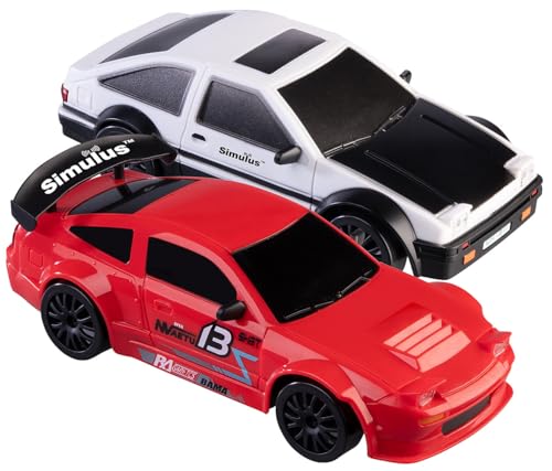 Simulus RC Auto Drifter: 2er-Set ferngesteuerte Drift-Sportwagen mit Scheinwerfern, rot&Silber (Ferngesteuertes Drift Car mit Akku, Driftautos) von Simulus