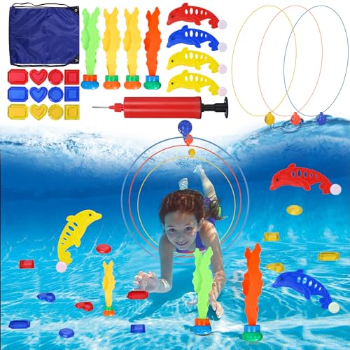 25 Stück Tauchen Spielzeug, Tauchspielzeug 5 6 7 8 9 Jahren Jungen Mädchen,Tauchringe Kinder Set,Beigefügter Aufbewahrungstasche,Pool Spielzeug Set,Schwimmen Tauchen Ringe für Kinder mit Pool Ball von SinLaw