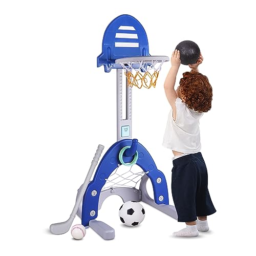 Sinbide Basketballständer, Kinder Basketballkorb Set, 4 in 1 höhenverstellbarer Basketballständer, Fußballtor-Ballspiele, Golfspiel, Ringwurf, Music, Lernspielzeug, Geschenk für Kinder(blau) von Sinbide