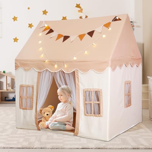 Sinbide Kinderzelt drinnen & draußen, Spielzelt mit Matte und Lichter, Kinder Spielzelt Indoor, Babyzimmer Deko, Lesezelt &Spielzimmer für Kleinkinder (braun 122L x 97B x130H) von Sinbide