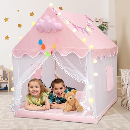 Sinbide Kinderzelt drinnen & draußen, Spielzelt mit Matte und Lichter, Kinder Spielzelt Indoor, Babyzimmer Deko, Lesezelt &Spielzimmer für Kleinkinder (rosa 100L x 120B x 130H) von Sinbide