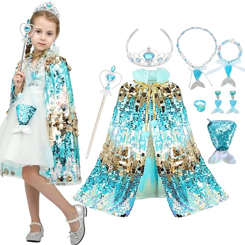Sincere Party 10pcs Meerjungfrau Pailletten Blau Prinzessin Cape mit Tasche, Schmuck Großes Geschenk für kleine Mädchen 3-8 Jahre Sincere Party 10pcs Meerjungfrau Pailletten Blau Prinzessin Cape mit Tasche, Schmuck Großes Geschenk für kleine Mädchen 3-8 Jahre von Sincere Party