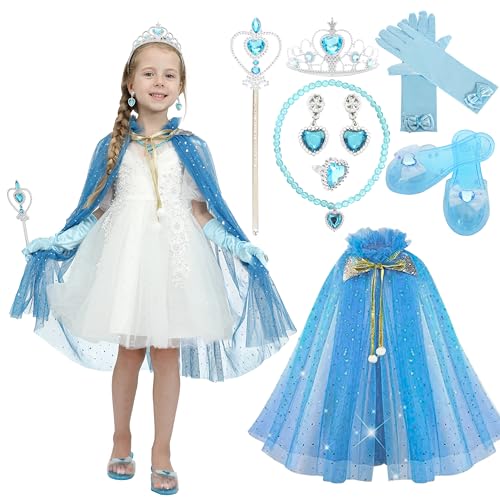 Sincere Party 11pcs Mädchen blaue Tüll Cape Prinzessin Cape mit Plastikschmuck und Plastikschuhe Kostüm Set Geschenk für Mädchen 3-8 Jahre von Sincere Party