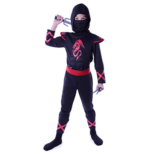 Sincere Party 7St Drachen Ninja Kostüm für Unisex Kinder, Ninja verkleiden sich Rollenspiel Outfit mit Zubehör 9-11 Jahre von Sincere Party