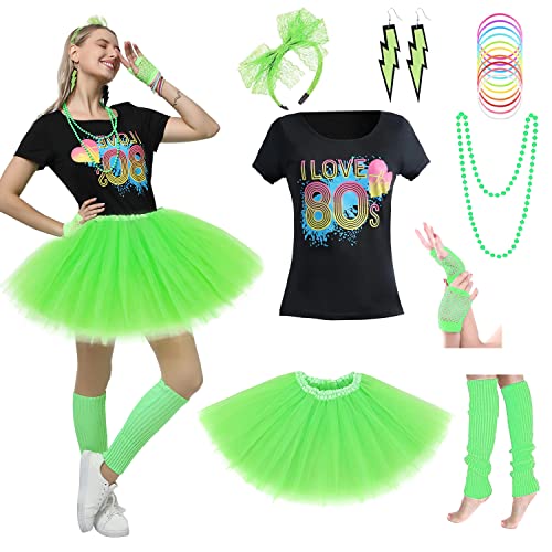 Sincere Party Damen 80er Jahre Kostüm Set Baumwolle T-Shirt, Hose, Tutus, Beinstulpen, Handschuhe, Halskette, Armbänder, Stirnband, Ohrringe (Grün, S4–6) von Sincere Party