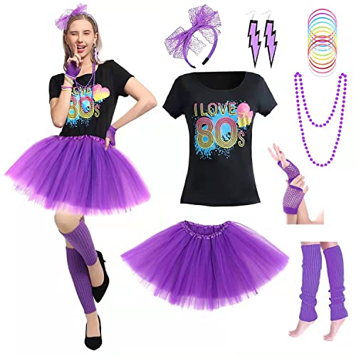 Sincere Party Damen 80er Jahre Kostüm Set Baumwolle T-Shirt, Hose, Tutus, Beinstulpen, Handschuhe, Halskette, Armbänder, Stirnband, Ohrringe (Violett, XL40-42) von Sincere Party