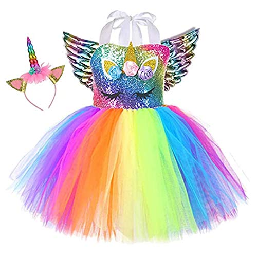 Sincere Party Girls Einhorn Tüll Tutu Kleid Flauschiges Regenbogen Einhorn Geburtstagskleid mit Stirnband und Flügeln 2T-4T von Sincere Party