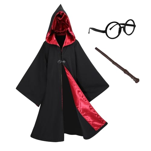 Sincere Party Kinder Black Hooded Magic Mantel,Zauberer Robe mit Stab,Brille,Abzeichen Perfekt für World Book Day 7-9 Jahre von Sincere Party