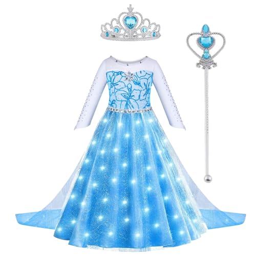 Sincere Party Klassisches beleuchtetes Elsa-Prinzessinnenkleid mit Tüllumhang, Zauberstab, Diadem, perfekt für den Welttag des Buches, Weihnachtsgeschenk für Mädchen von 9–10 Jahren von Sincere Party