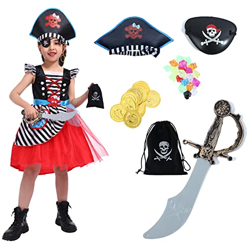 Sincere Party Mädchen Piraten Kostüm Piraten Freibeuter Prinzessin Deluxe Kleid Mit Schwert,Piratenbeutel,Augenklappe und Hut 3-4 Jahre von Sincere Party