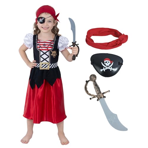 Sincere Party Mädchen Piraten Kostüm,2024 Neue Piraten Kleid mit Stirnband, Cutlass, Eye-Patch Größe 3-4 Jahre von Sincere Party