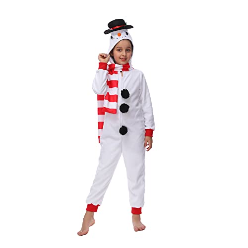 Sincere Party Schneemann Onesie für Kinder, Jungen Mädchen Schneemann Kostüm für Weihnachten mit Kapuze Hut, Streifen Schal 2XL(12-14) von Sincere Party