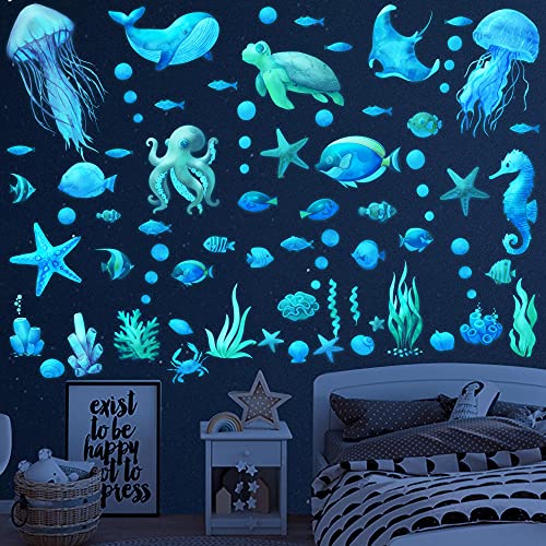 Wandtattoo Badezimmer Unterwasserwelt Meer Sticker Wandsticker Fische Selbstklebend Leuchtsterne Kinderzimmer Jungen Fluoreszierende Wand Aufkleber Deko für Kinder Babyzimmer Schlafzimmer Wohnzimmer von Sinekong