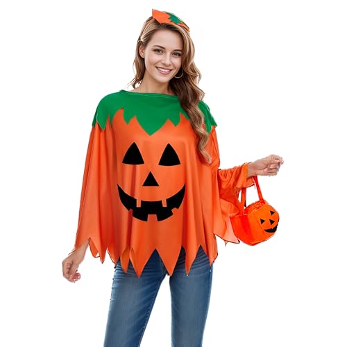 Singtis Kürbis Kostüm Damen, 3pcs Halloween Kostüm Kürbis Erwachsene mit Stirnband und Süßigkeitentasche Kürbis Kostüm Mädchen, Halloween Kostüm Kürbis Damen Karneval Party von Singtis