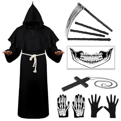 Halloween Mönch Robe Kostüm Set, Mönch Priester Gewand Kostüm mit Kapuze Mittelalterliche Kapuze Herren Mönchskutte mit Sense, Gürtel, Kreuz-Halskette, Tattoos und Handschuhe (Schwarz, L) von Singtis