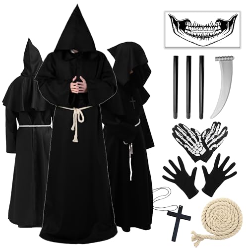 Halloween Mönch Robe Kostüm Set, Mönch Priester Gewand Kostüm mit Kapuze Mittelalterliche Kapuze Herren Mönchskutte mit Sense, Gürtel, Kreuz-Halskette, Tattoos und Handschuhe (Schwarz, M) von Singtis